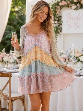 LoveShackFancy Style Patchwork Floral Tiered Mini Dress Boho Cottagecore Medium